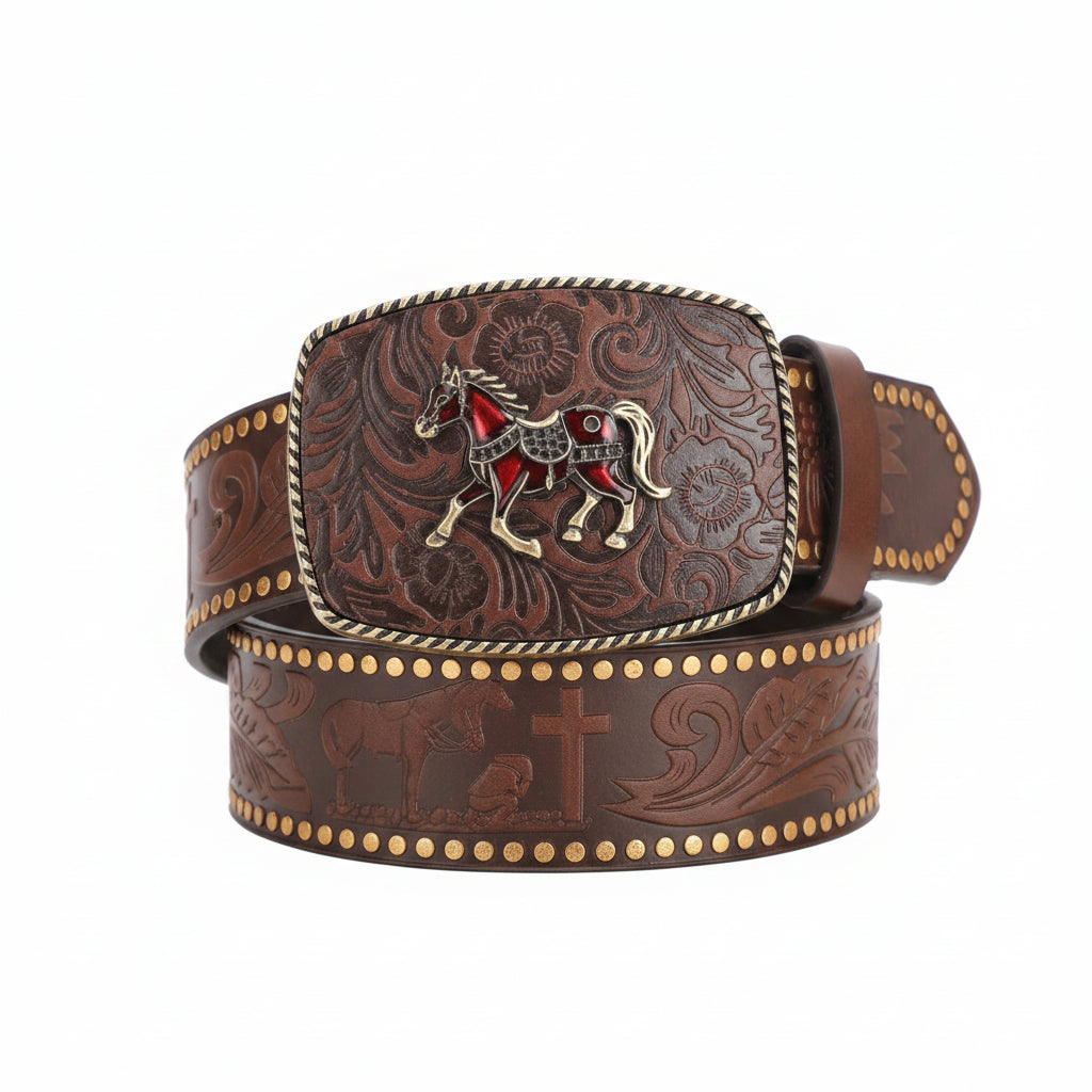 Cinturón Western Retro Unisex con Hebilla Grabada