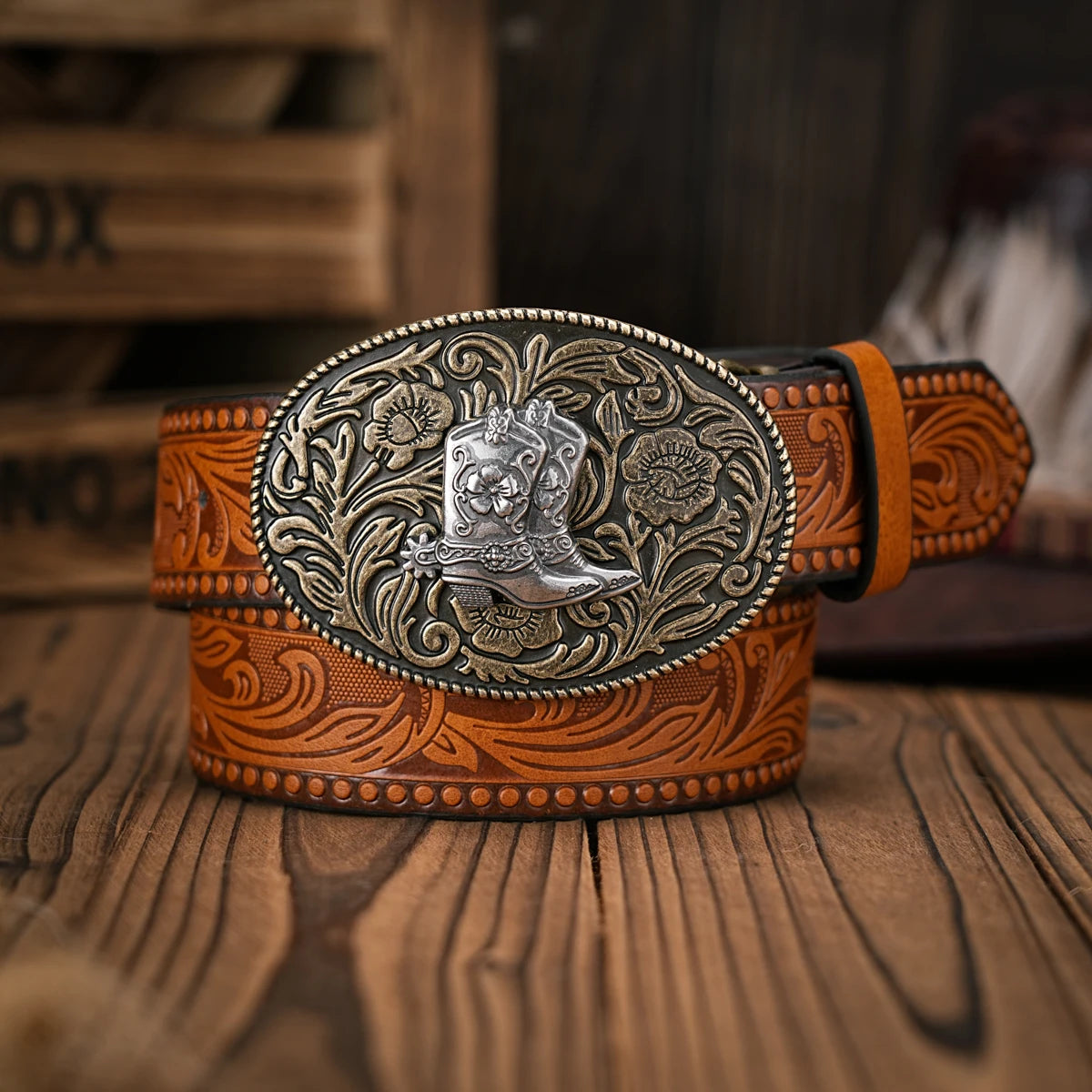 Cinturón Vaquero Vintage de Cuero con Hebilla Grabada | Estilo Cowboy Western