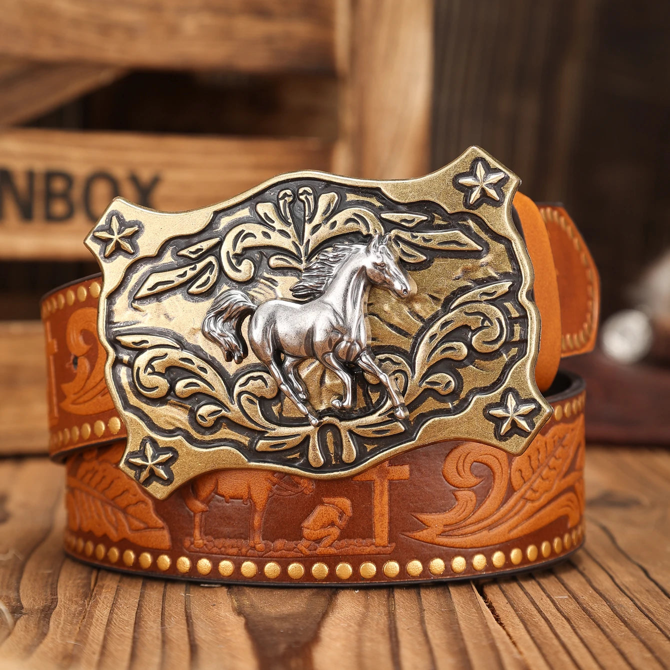 Cinturón Vaquero Marrón con Remaches y Hebilla Western | Estilo Retro Cowboy