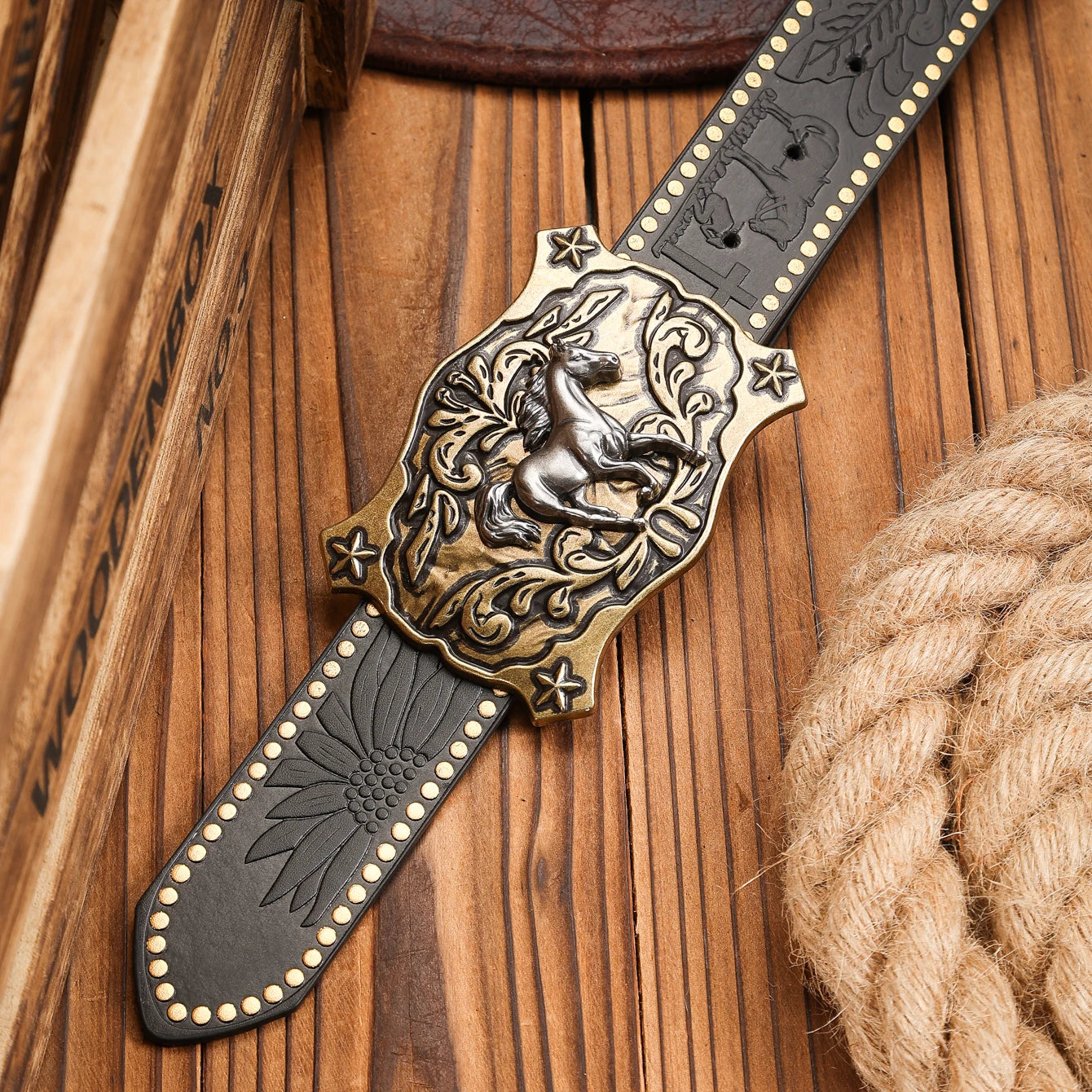 Cinturón Vaquero Marrón con Remaches y Hebilla Western | Estilo Retro Cowboy