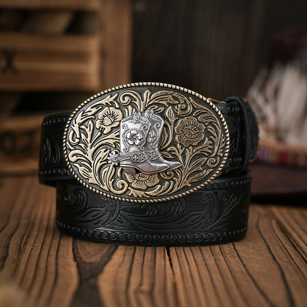 Cinturón Vaquero Vintage de Cuero con Hebilla Grabada | Estilo Cowboy Western