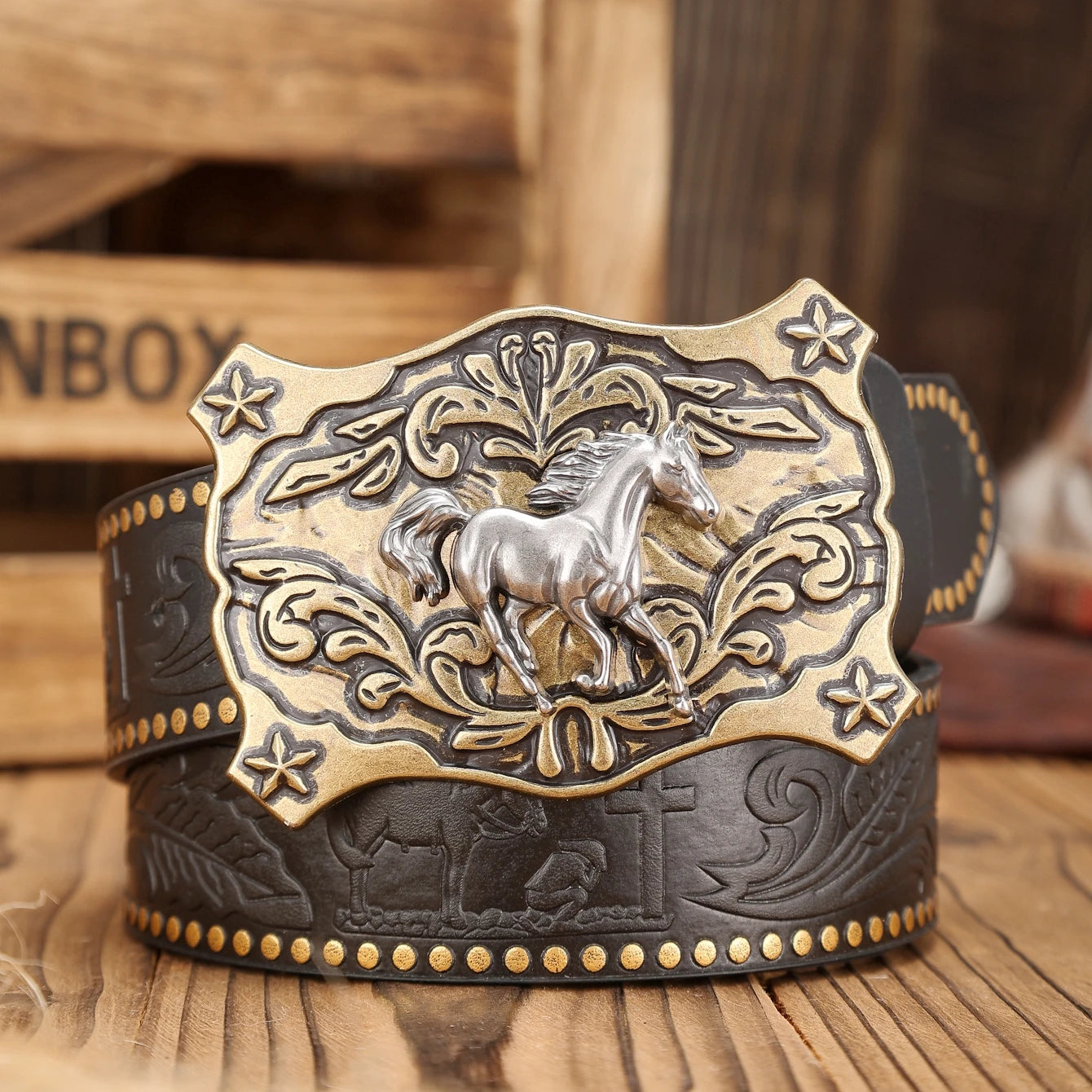 Cinturón Vaquero Marrón con Remaches y Hebilla Western | Estilo Retro Cowboy