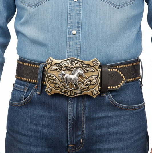 Cinturón Vaquero Marrón con Remaches y Hebilla Western | Estilo Retro Cowboy