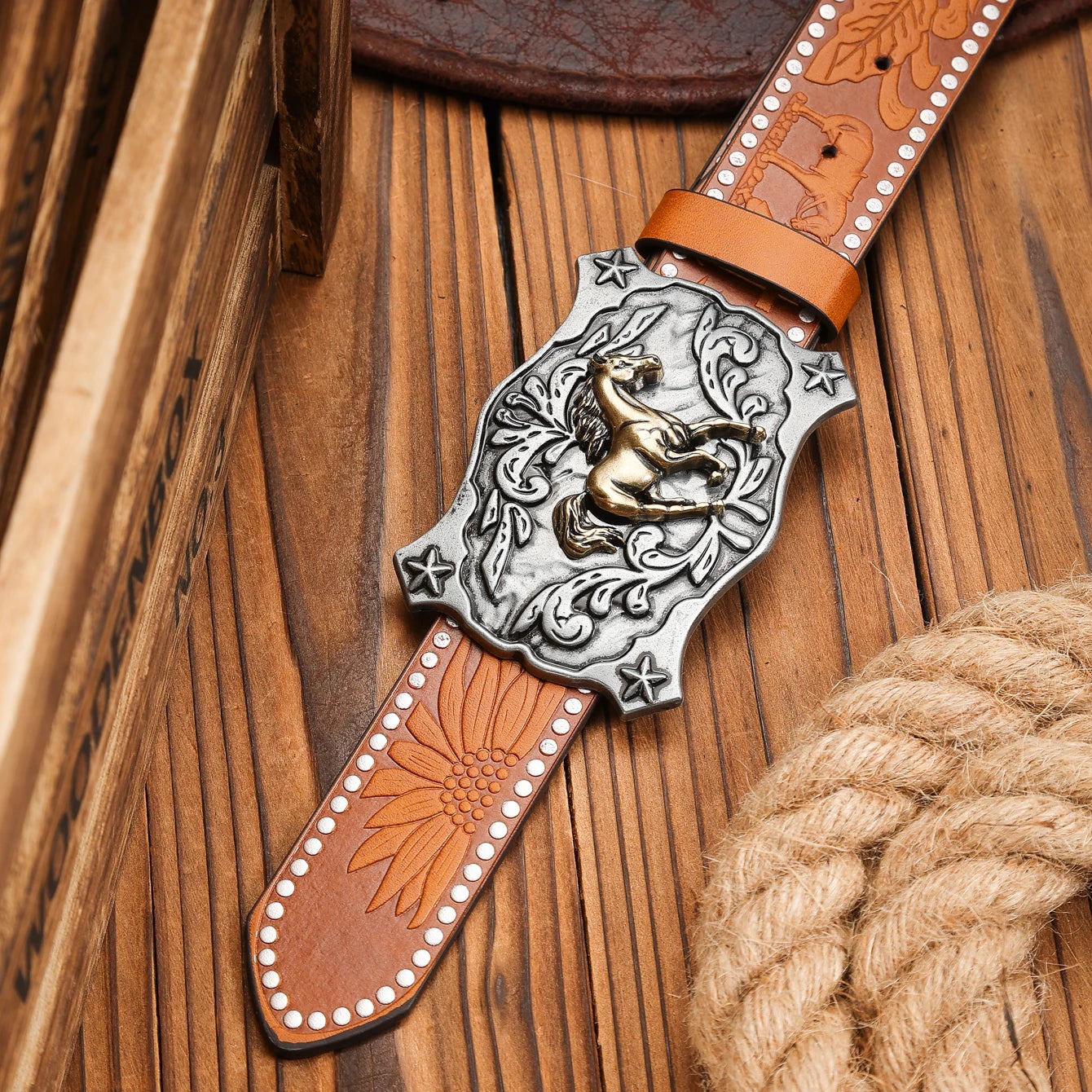 Cinturón Vaquero Marrón con Remaches y Hebilla Western | Estilo Retro Cowboy
