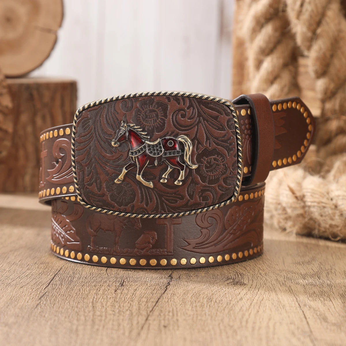 Cinturón Western Retro Unisex con Hebilla Grabada
