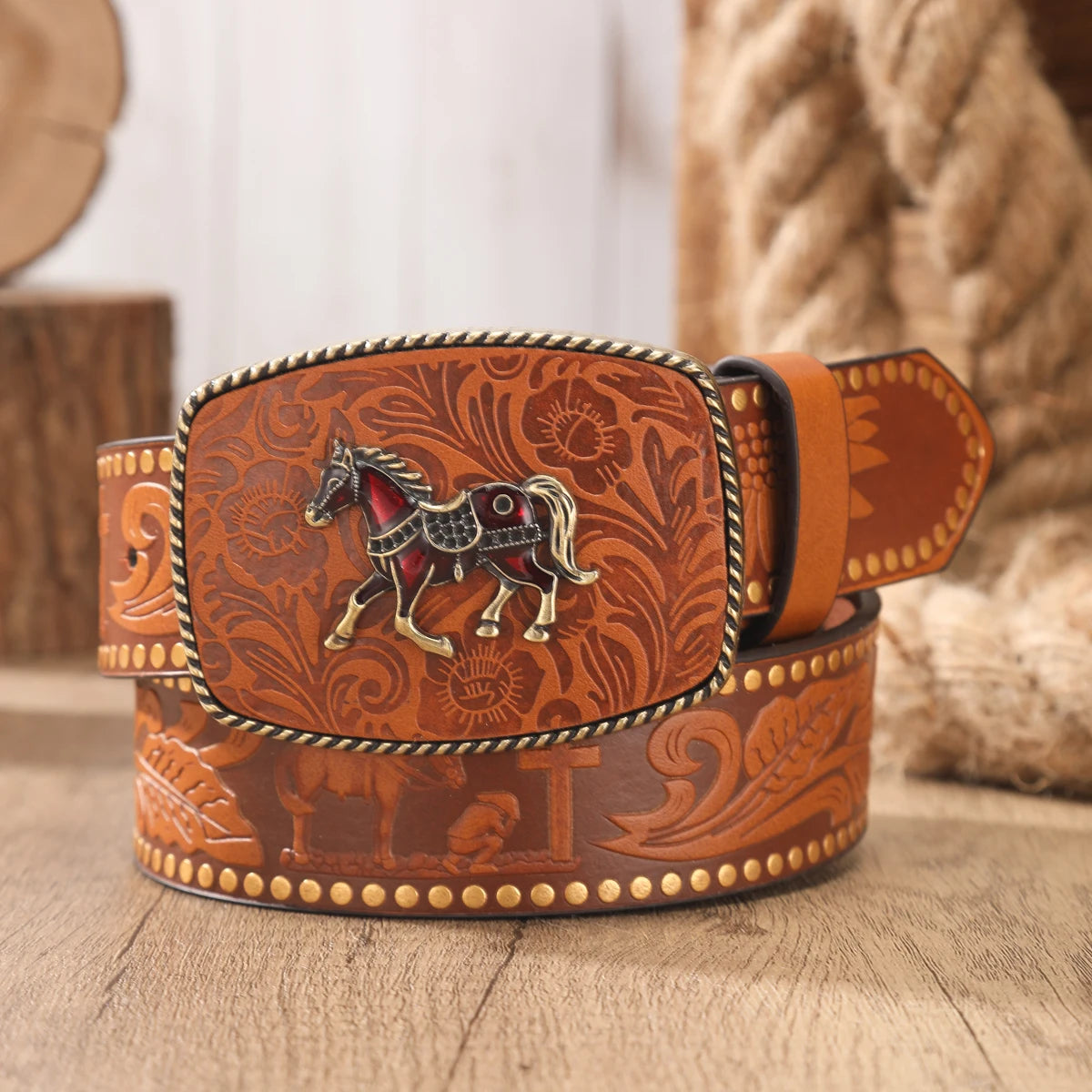 Cinturón Western Retro Unisex con Hebilla Grabada