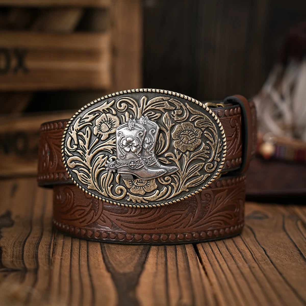 Cinturón Vaquero Vintage de Cuero con Hebilla Grabada | Estilo Cowboy Western