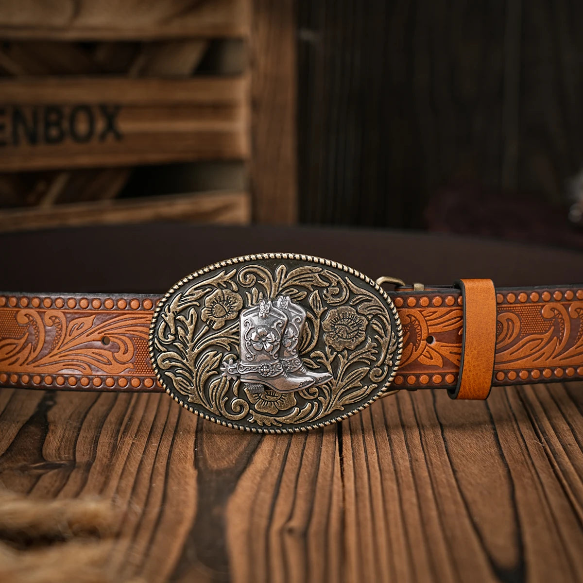 Cinturón Vaquero Vintage de Cuero con Hebilla Grabada | Estilo Cowboy Western