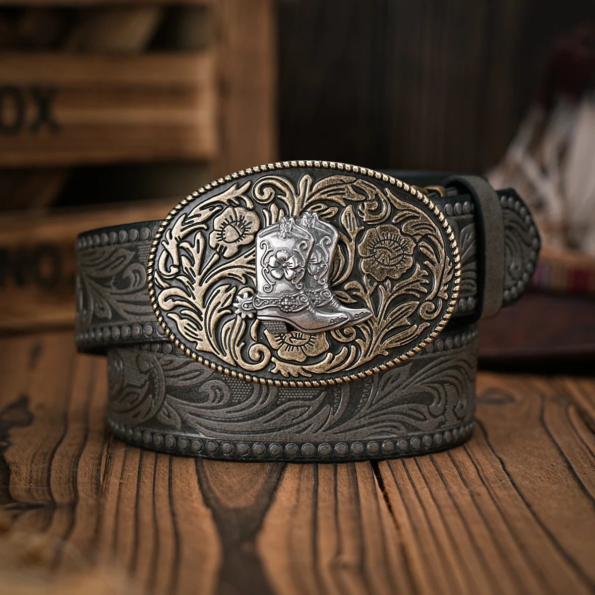Cinturón Vaquero Vintage de Cuero con Hebilla Grabada | Estilo Cowboy Western