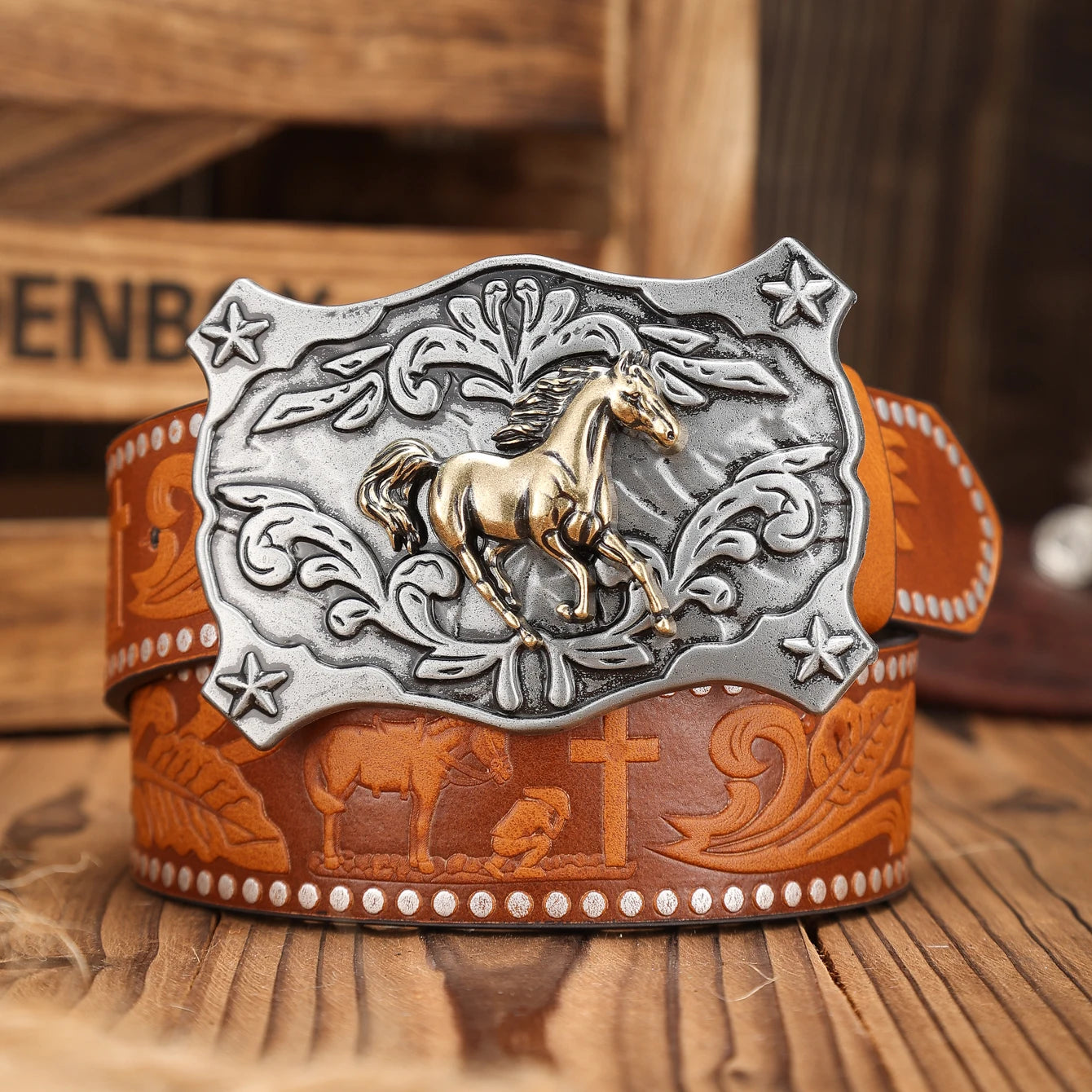 Cinturón Vaquero Marrón con Remaches y Hebilla Western | Estilo Retro Cowboy