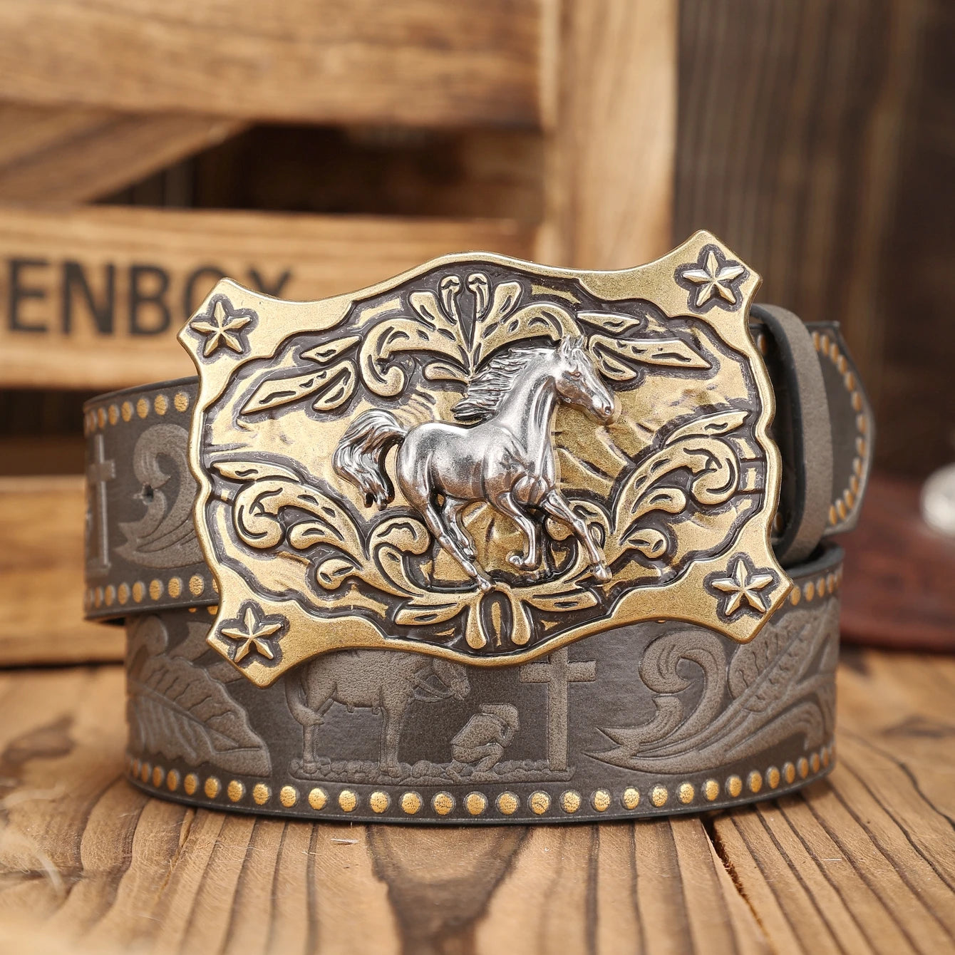 Cinturón Vaquero Marrón con Remaches y Hebilla Western | Estilo Retro Cowboy
