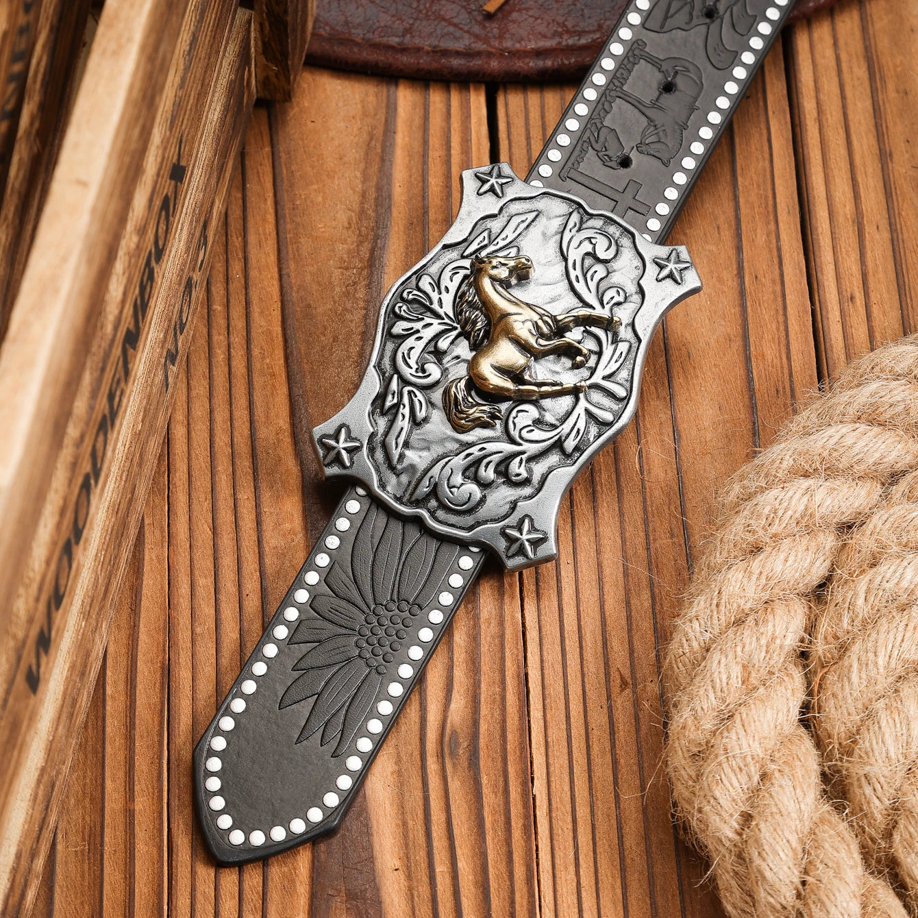 Cinturón Vaquero Marrón con Remaches y Hebilla Western | Estilo Retro Cowboy