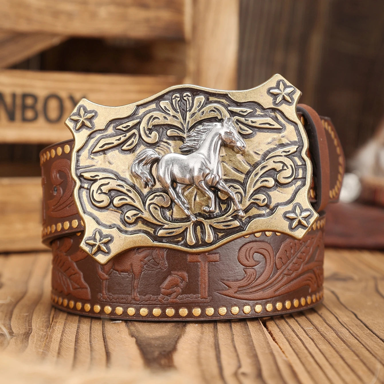Cinturón Vaquero Marrón con Remaches y Hebilla Western | Estilo Retro Cowboy