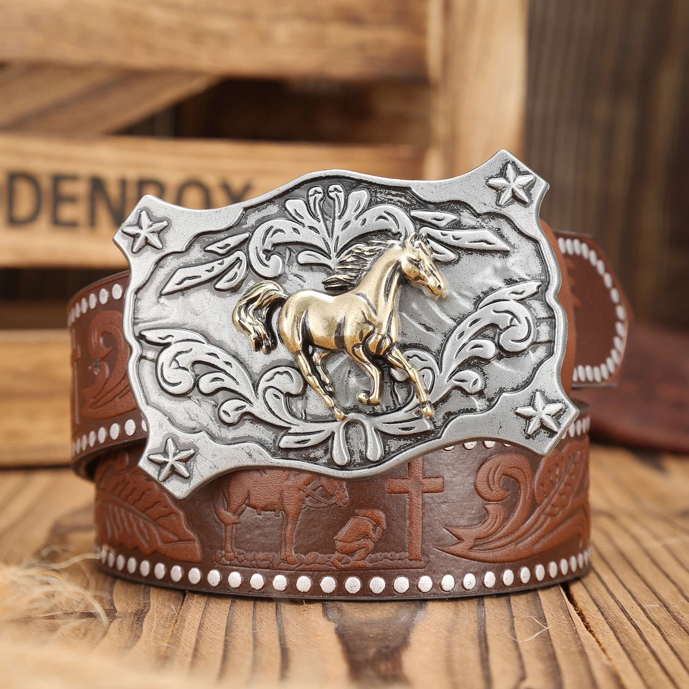 Cinturón Vaquero Marrón con Remaches y Hebilla Western | Estilo Retro Cowboy