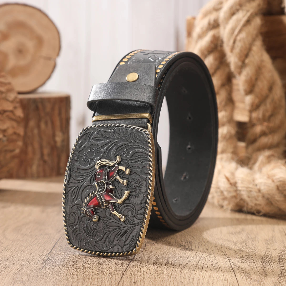 Cinturón Western Retro Unisex con Hebilla Grabada