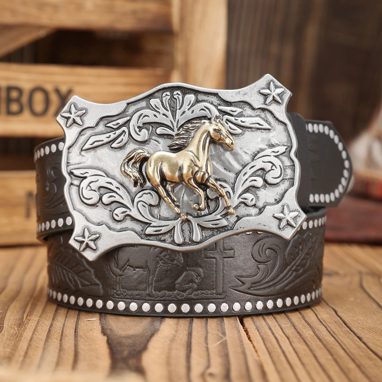 Cinturón Vaquero Marrón con Remaches y Hebilla Western | Estilo Retro Cowboy