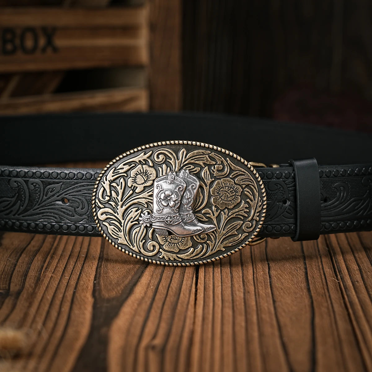 Cinturón Vaquero Vintage de Cuero con Hebilla Grabada | Estilo Cowboy Western