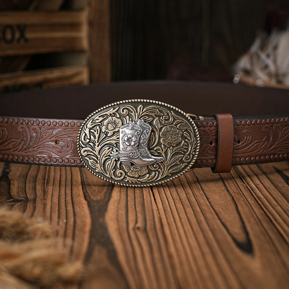 Cinturón Vaquero Vintage de Cuero con Hebilla Grabada | Estilo Cowboy Western